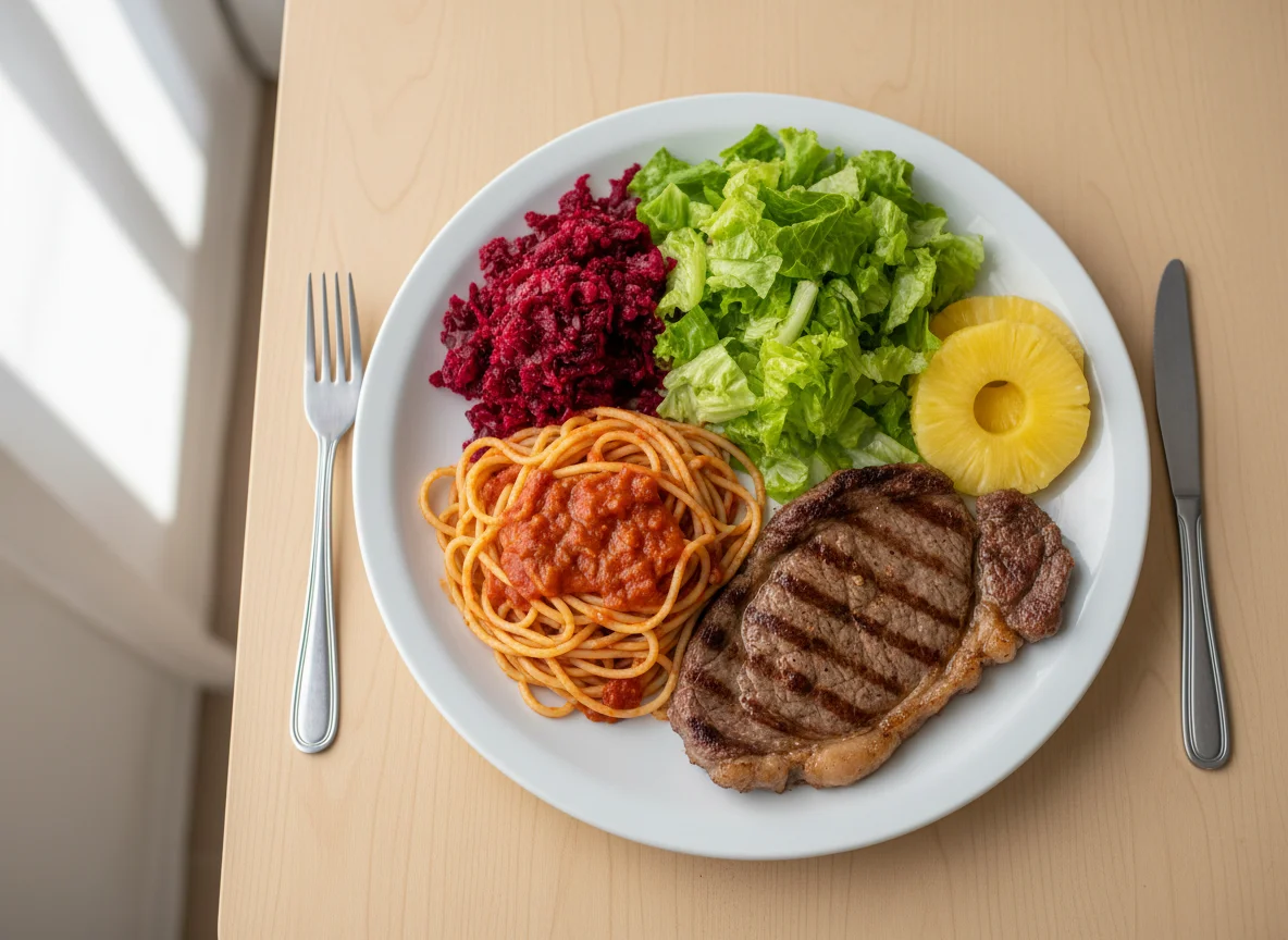 Prato com carne, massa, salada e abacaxi photo