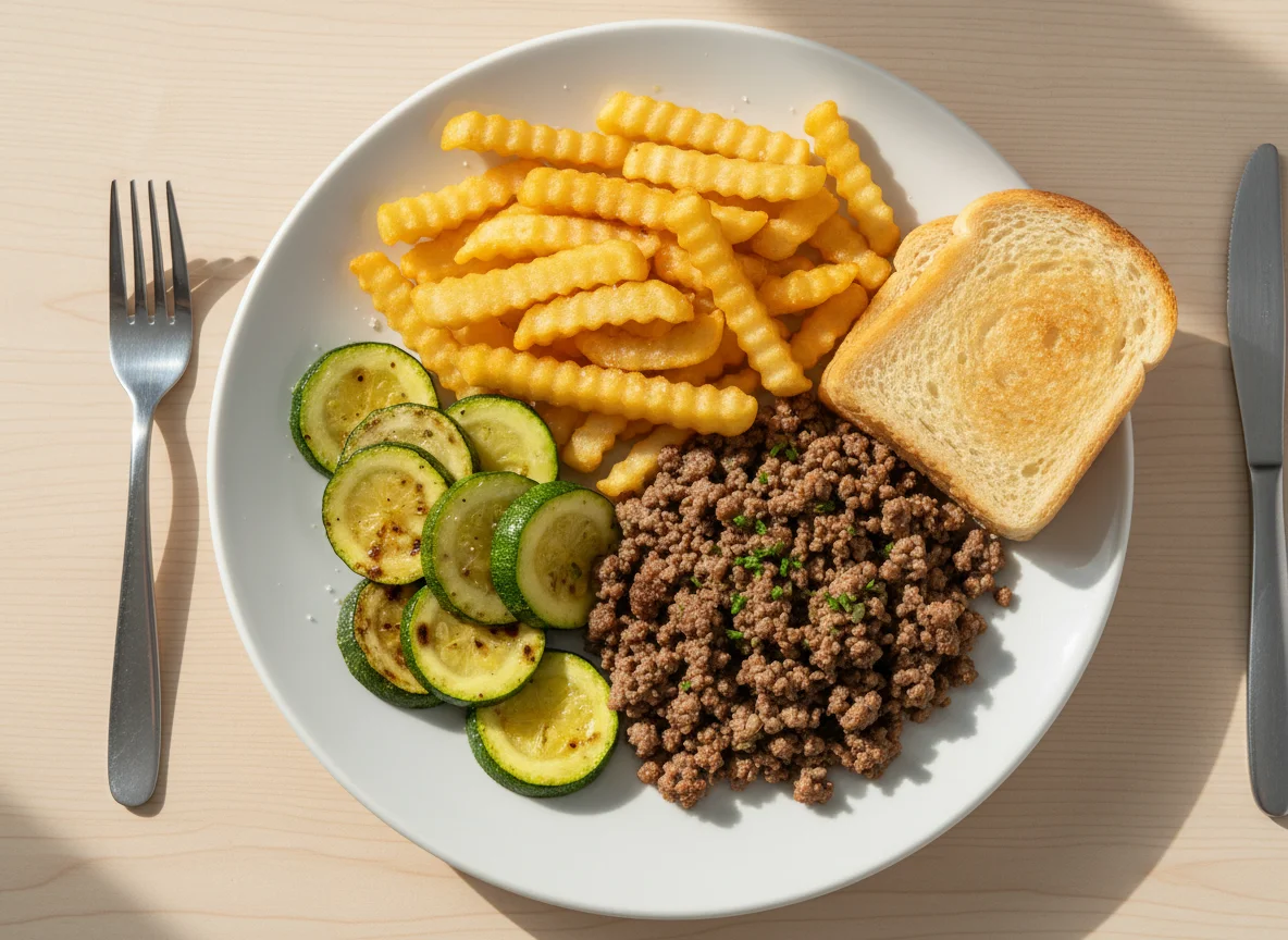 Prato com carne moída, abobrinha, batata frita e pão photo