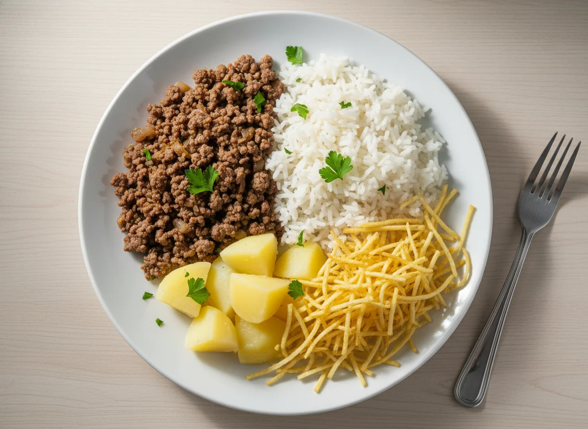 Prato com carne moída, arroz, batata cozida e batata palha photo