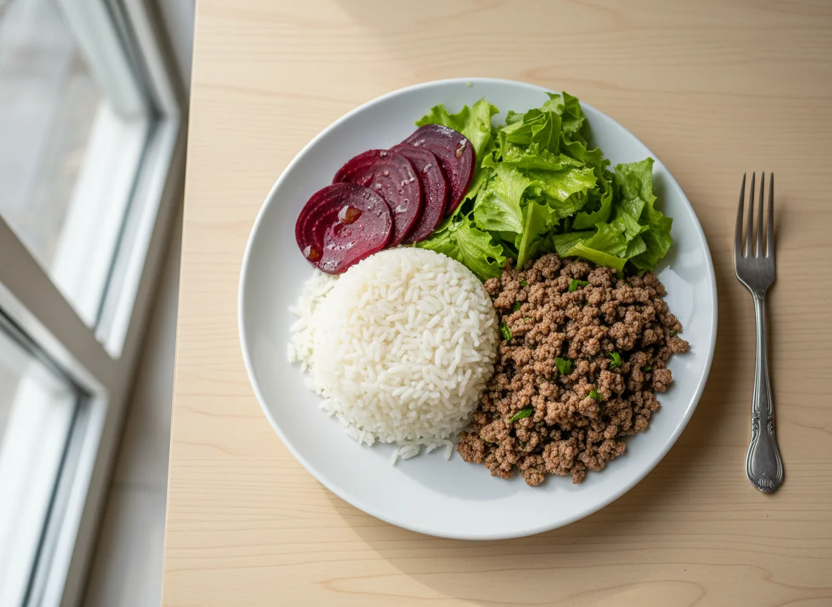 Prato com carne moída, arroz, beterraba e alface photo