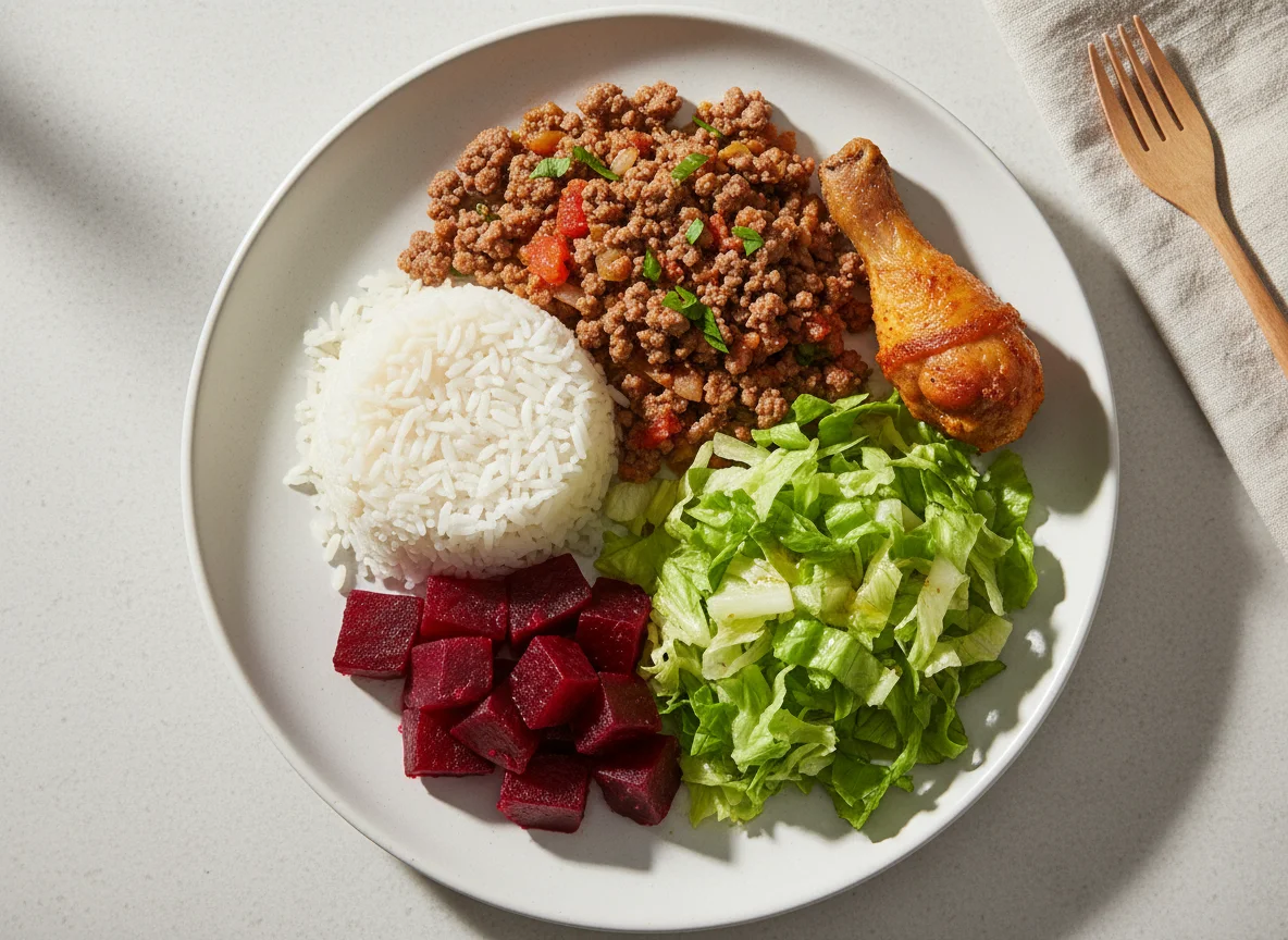 Prato com carne moída, arroz, beterraba e salada photo
