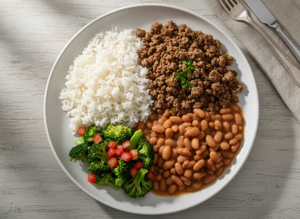 Prato com carne moída, arroz, brócolis e feijão photo