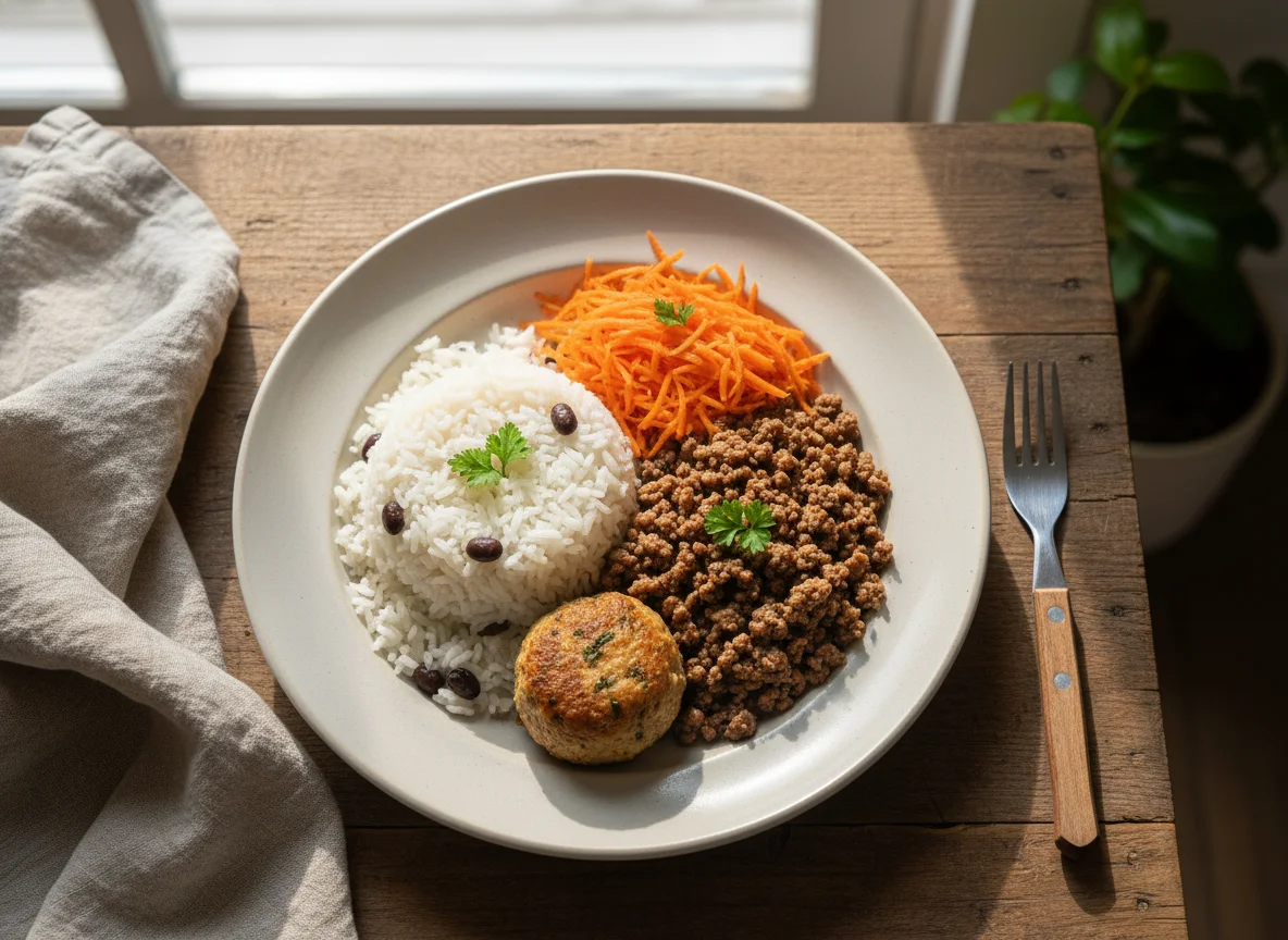 Prato com carne moída, arroz, cenoura e almôndega photo