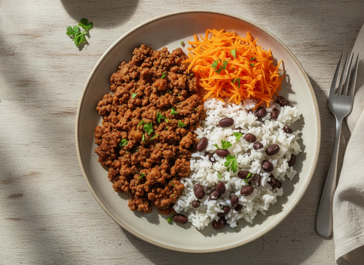 Prato com carne moída, arroz com feijão e cenoura photo