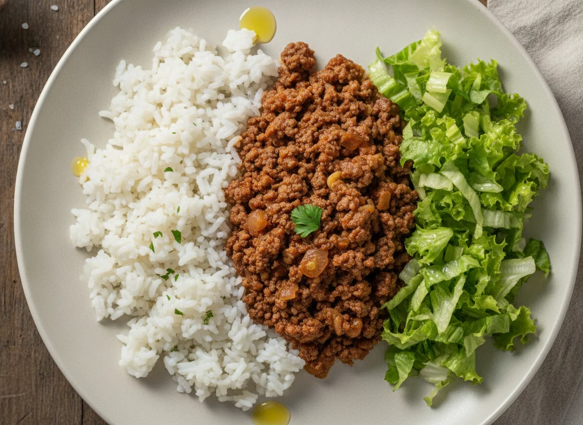 Prato com carne moída, arroz e alface photo
