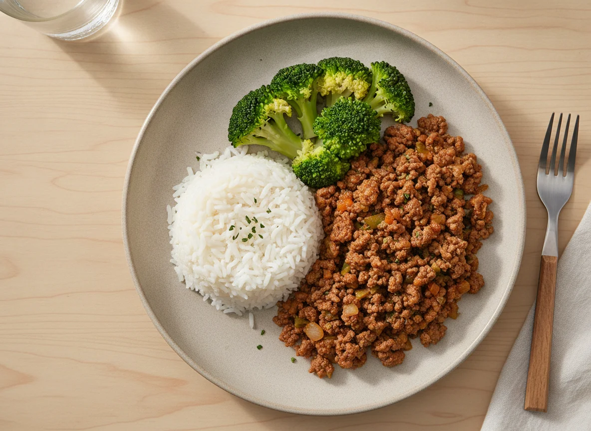 Prato com carne moída, arroz e brócolis photo