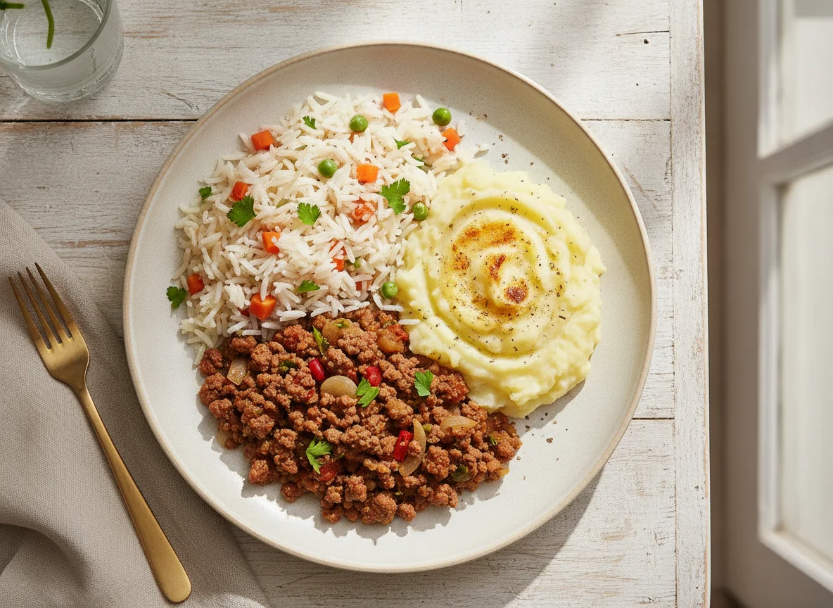 Prato com carne moída, arroz e purê photo