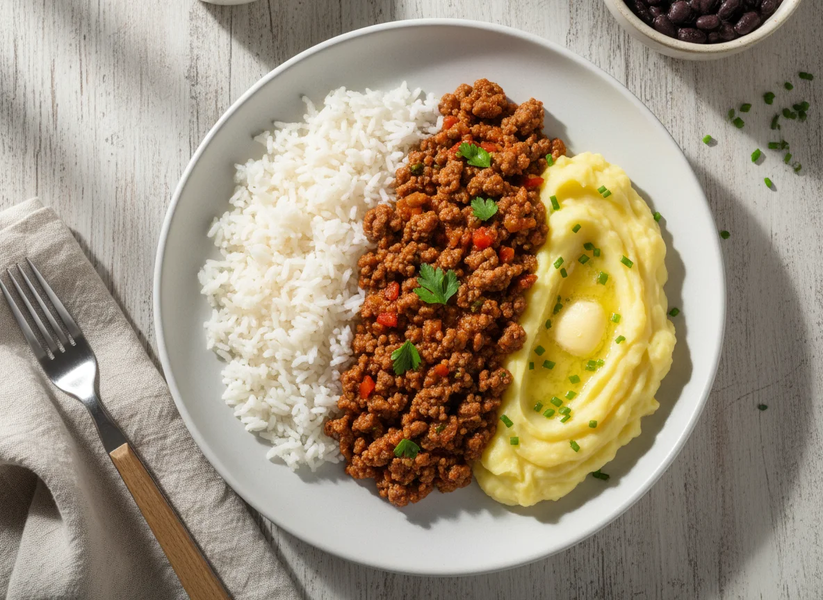 Prato com carne moída, arroz e purê de batata photo