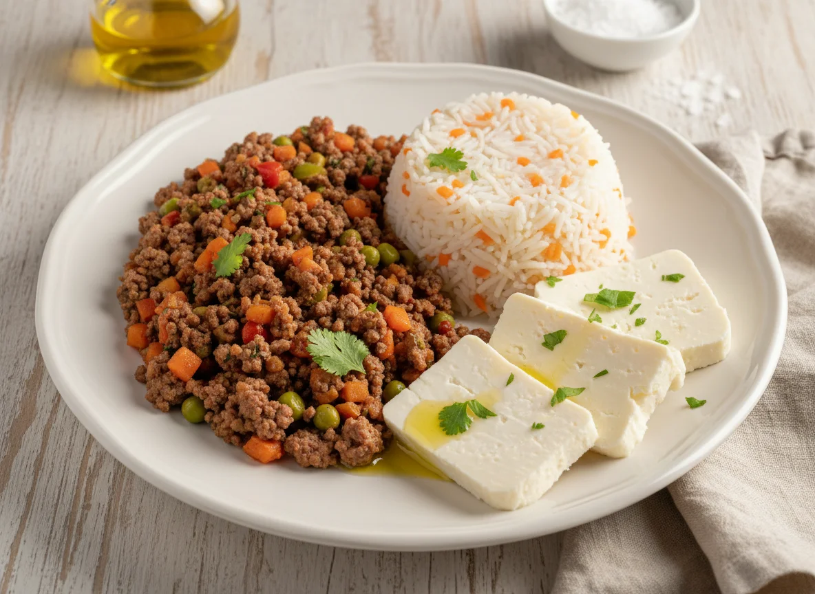 Prato com carne moída, arroz e queijo photo