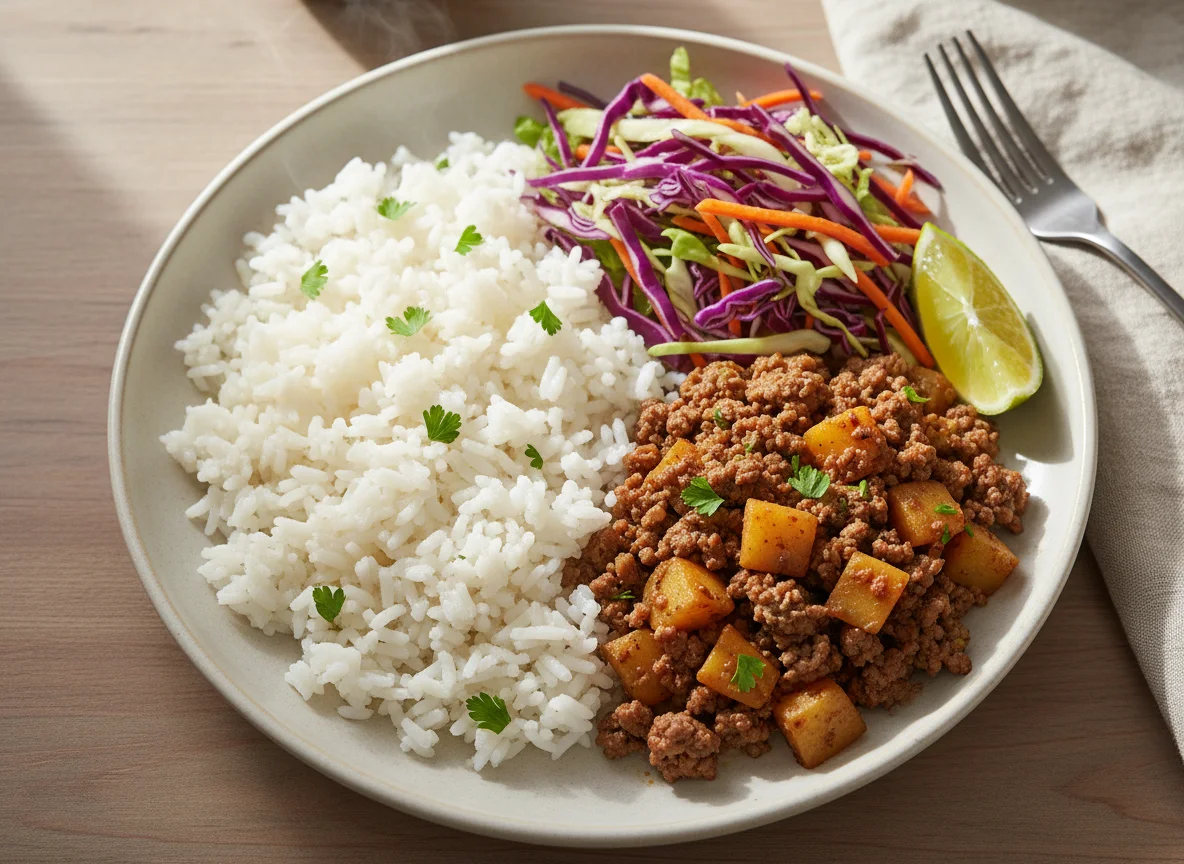 Prato com carne moída, arroz e salada photo