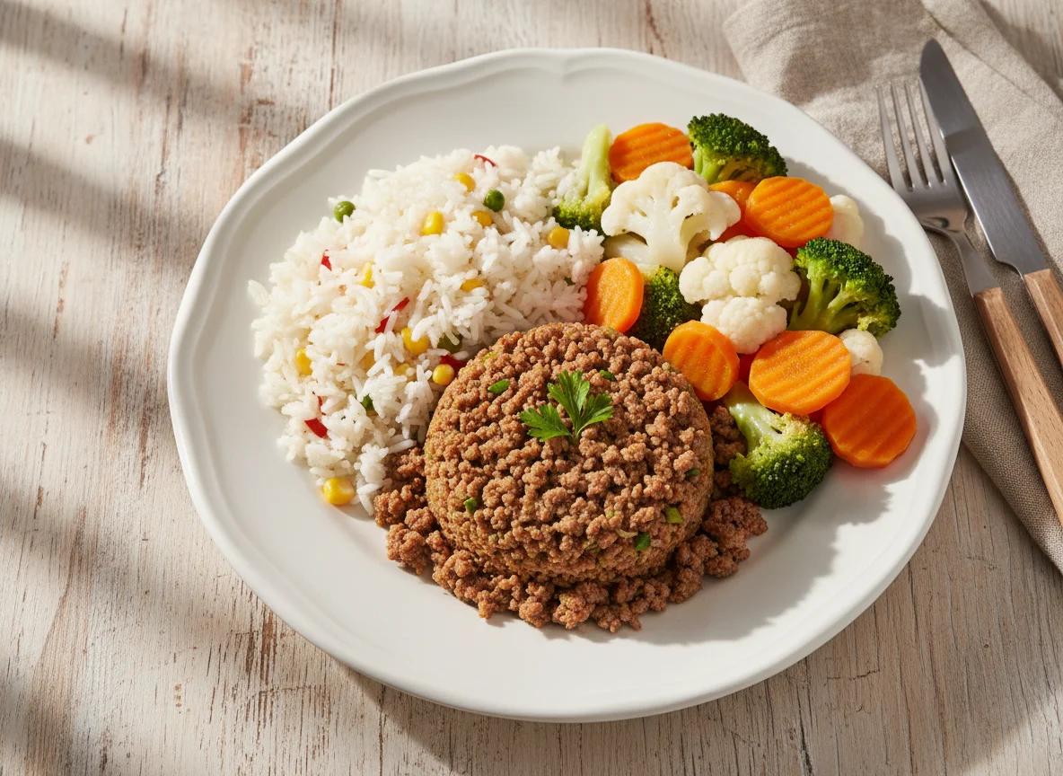Prato com carne moída, arroz e vegetais photo