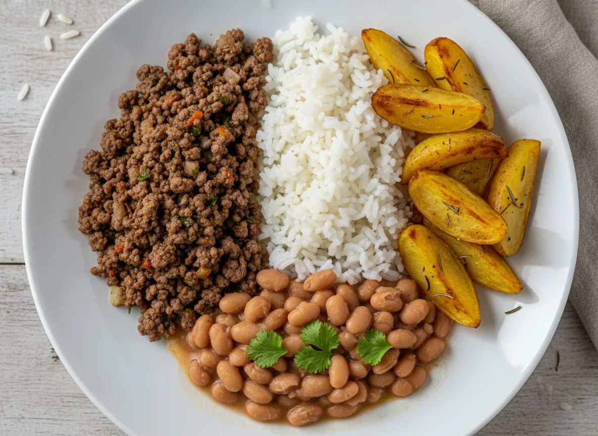 Prato com carne moída, arroz, feijão e batatas photo