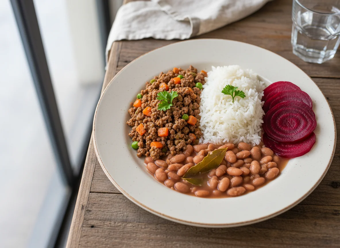 Prato com carne moída, arroz, feijão e beterraba photo