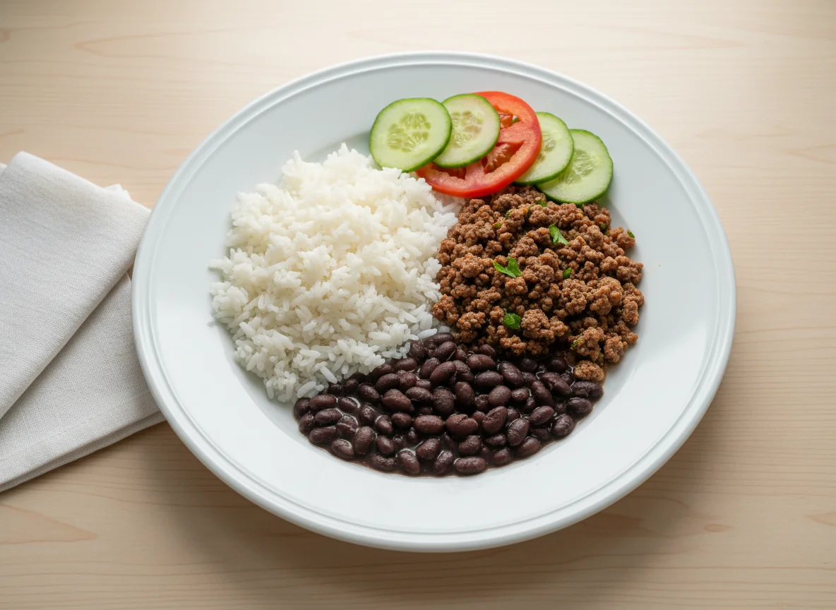 Prato com carne moída, arroz, feijão e salada photo