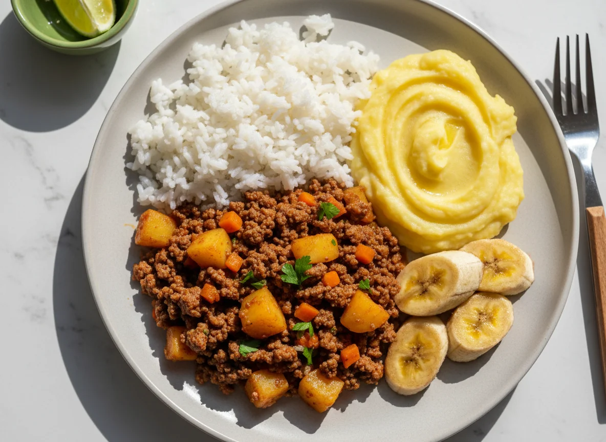 Prato com carne moída, arroz, purê de batata e banana photo