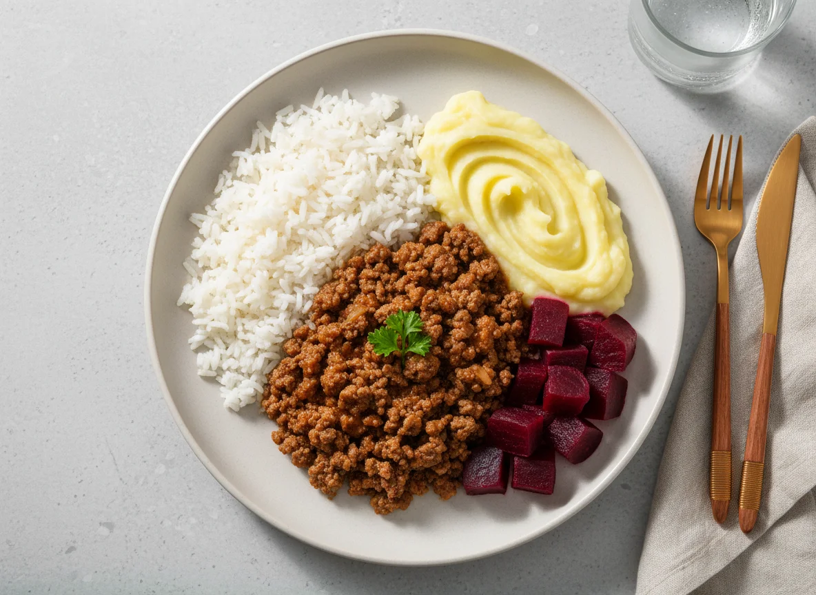 Prato com carne moída, arroz, purê de batata e beterraba photo