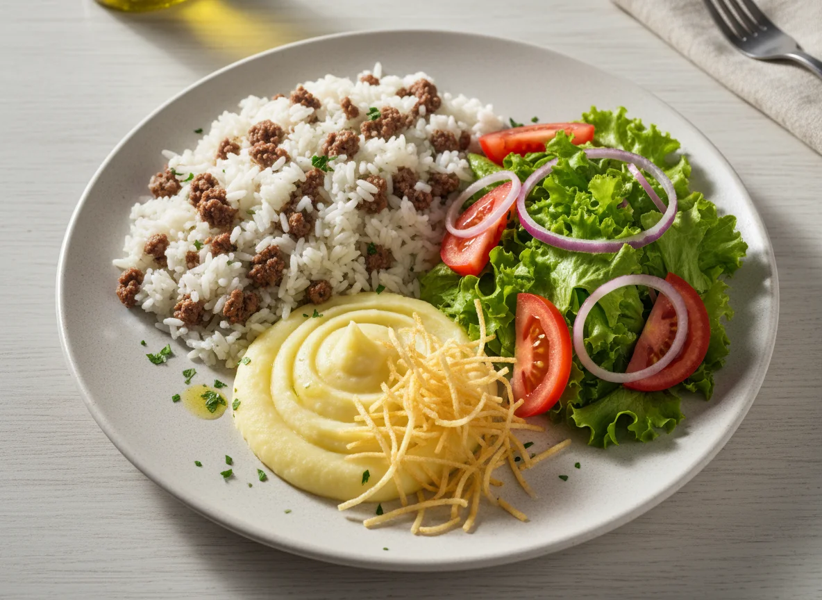 Prato com carne moída, arroz, purê de batata e salada photo