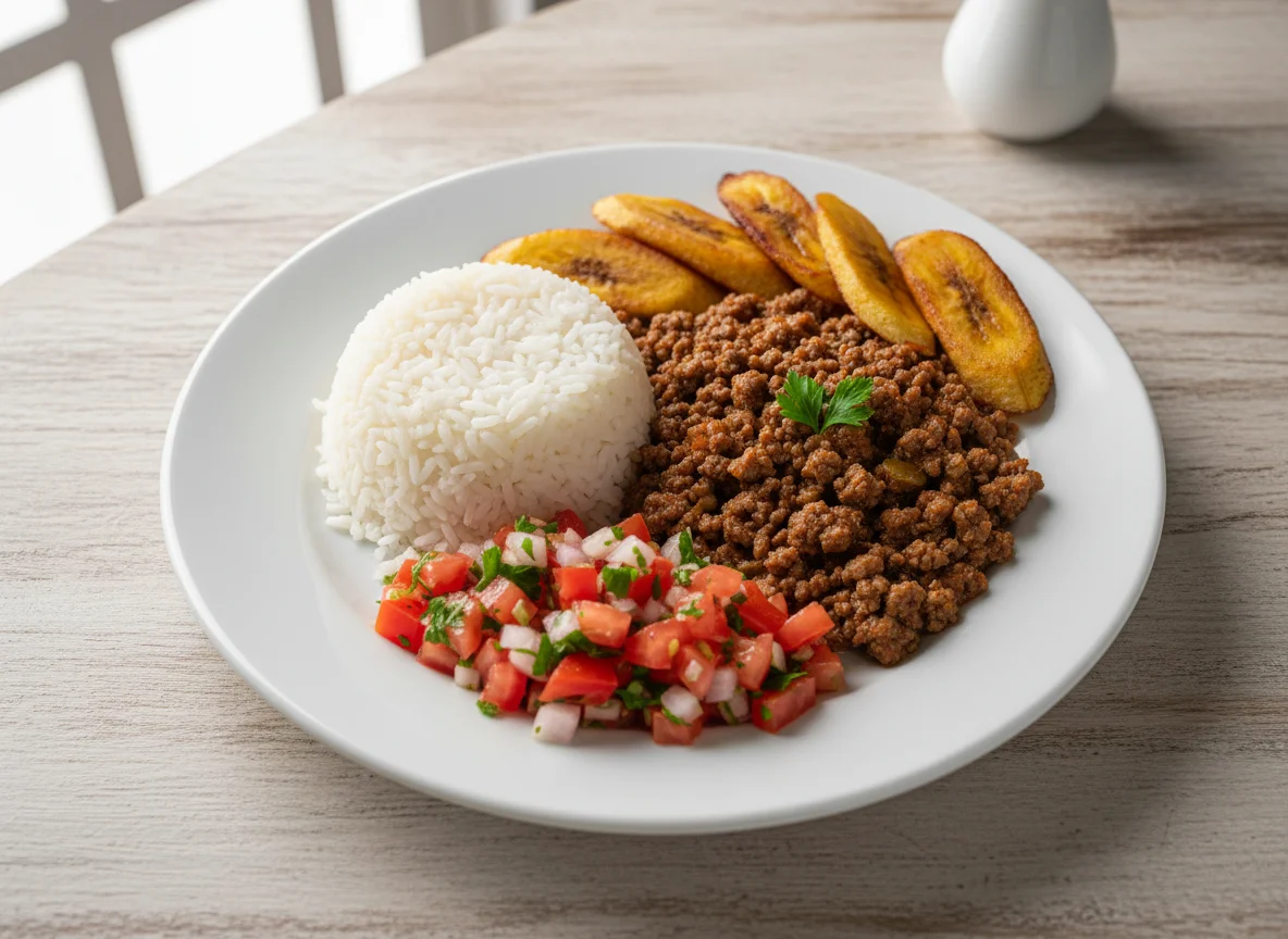 Prato com carne moída, arroz, vinagrete e banana da terra frita photo