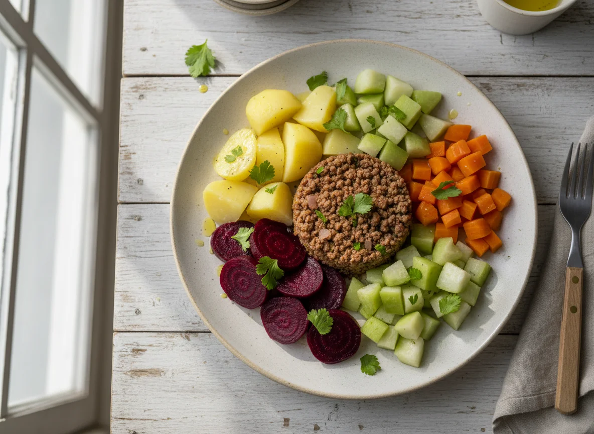 Prato com carne moída, batata, beterraba e legumes photo