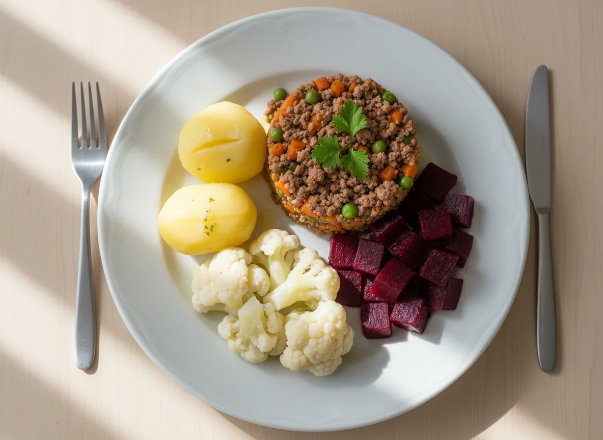 Prato com carne moída, batata, couve-flor e beterraba photo