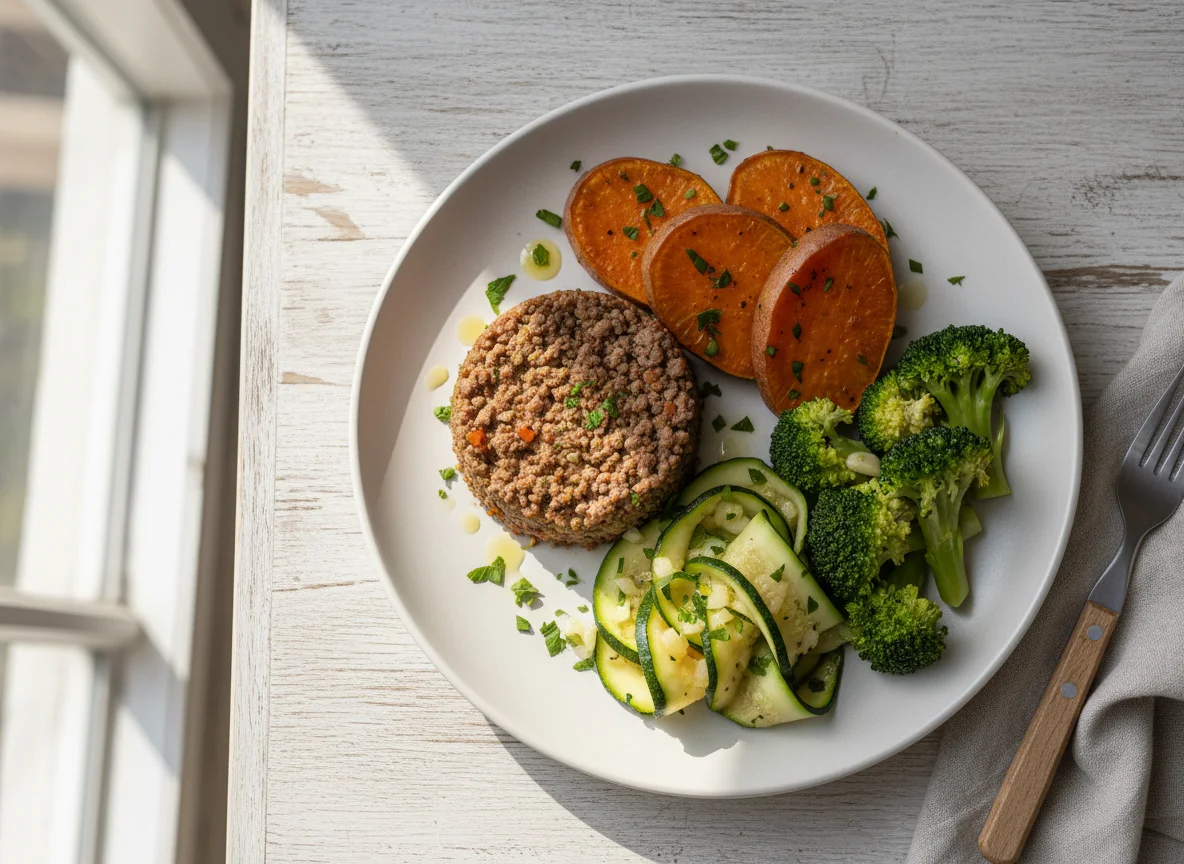 Prato com carne moída, batata doce, brócolis e abobrinha refogada photo
