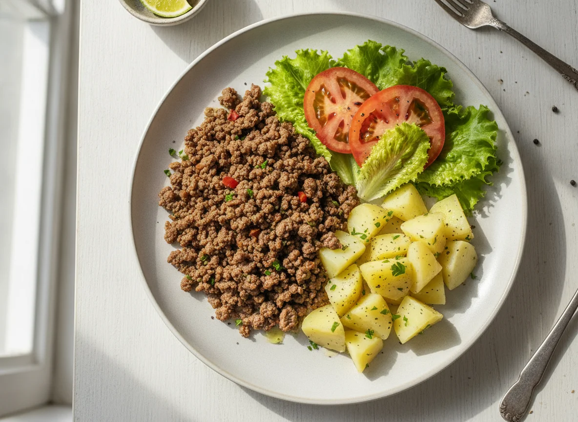 Prato com carne moída, batata e alface photo