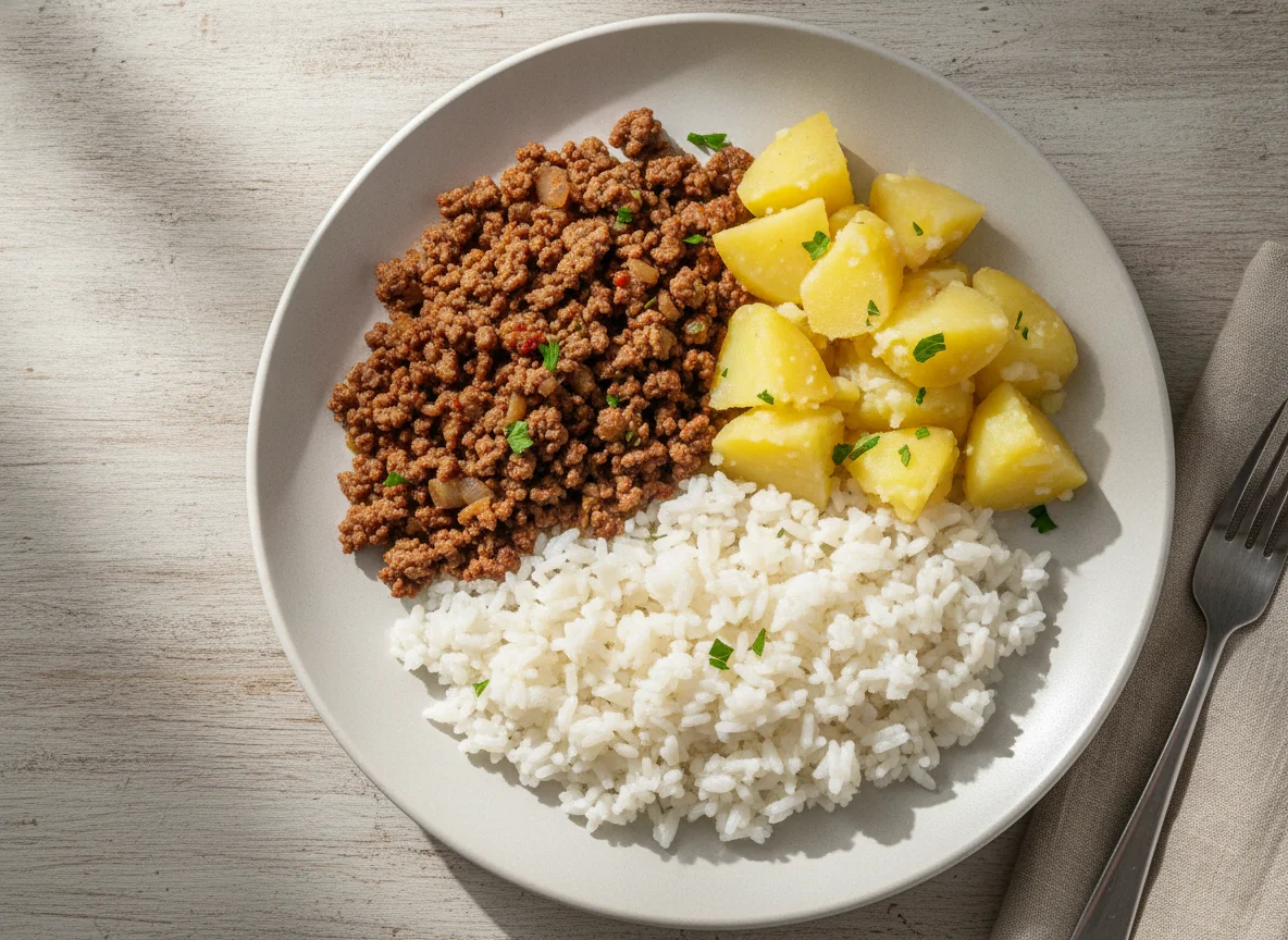 Prato com carne moída, batata e arroz photo