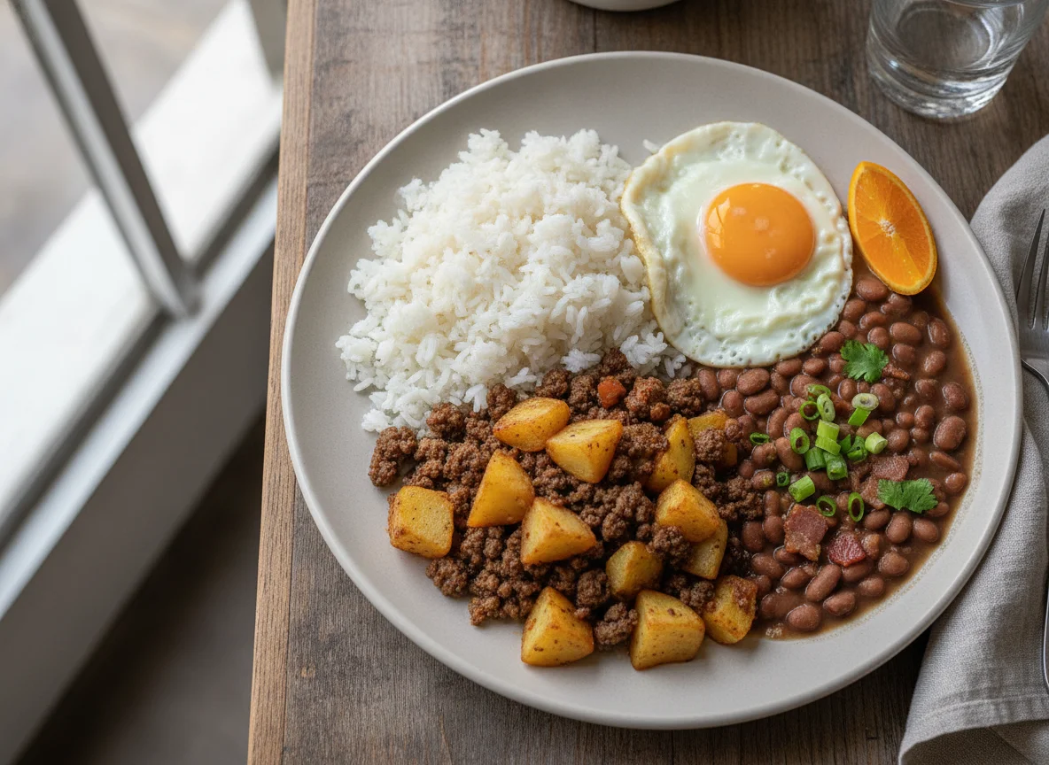 Prato com carne moída, batata, feijão e arroz photo