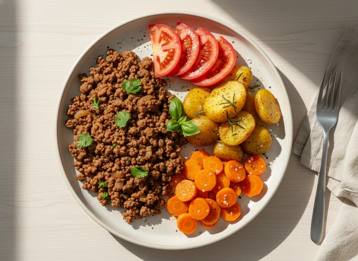 Prato com carne moída, batatas assadas, cenoura e tomate photo