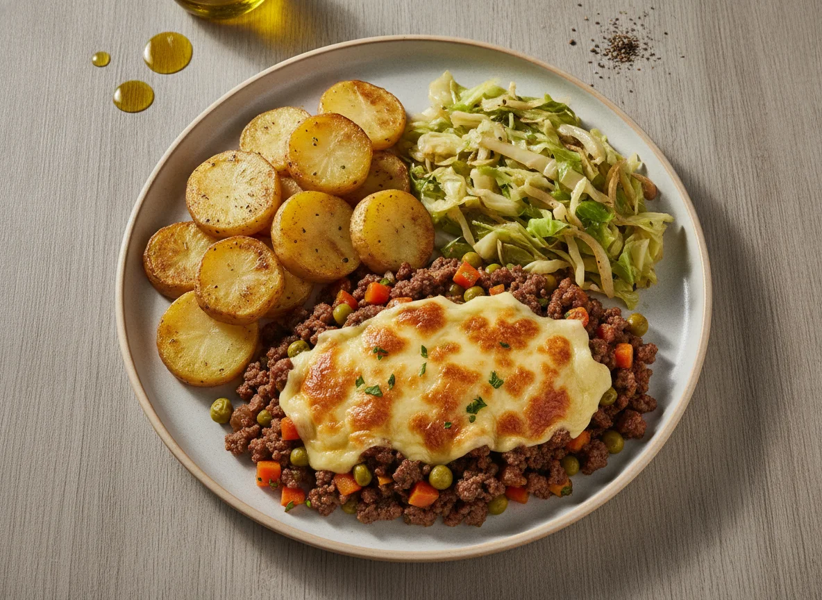 Prato com carne moída, batatas assadas e repolho refogado photo