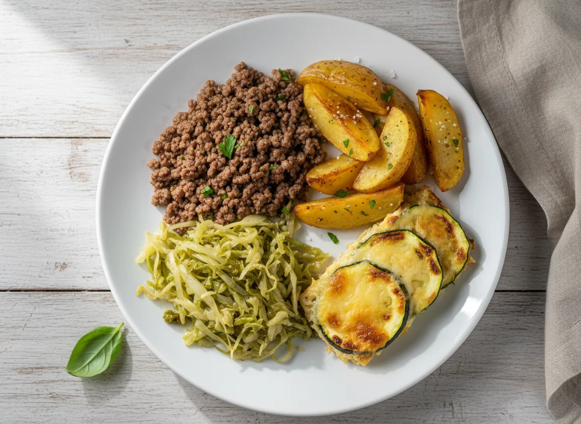 Prato com carne moída, batatas assadas, repolho refogado e abobrinha gratinada photo