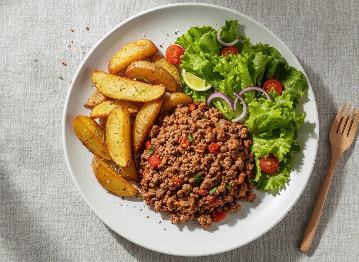Prato com carne moída, batatas e alface photo