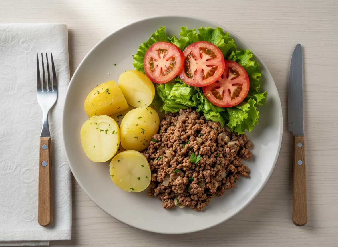 Prato com carne moída, batatas e salada photo