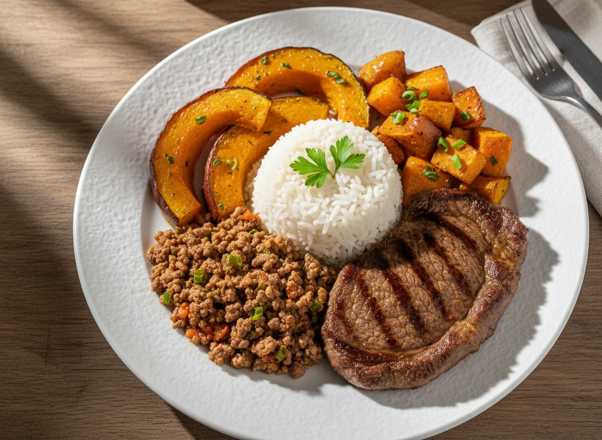 Prato com carne moída, bife, arroz e legumes assados photo