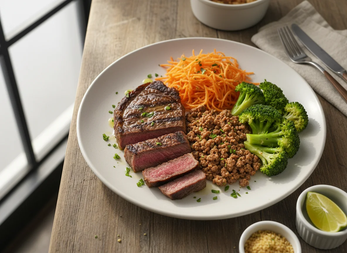 Prato com carne moída, bife, brócolis e cenoura photo