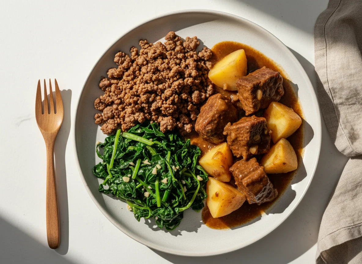 Prato com carne moída, couve e carne de panela com batata photo