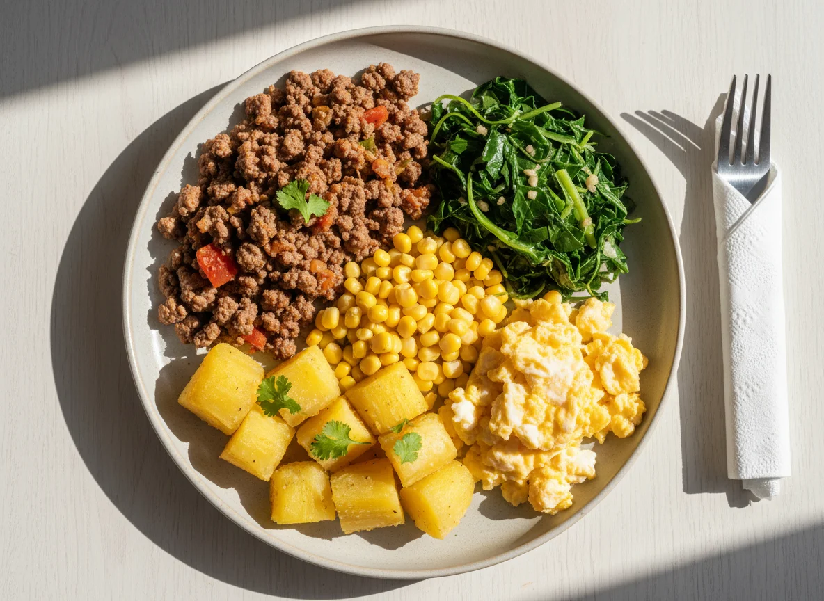 Prato com carne moída, couve e milho photo