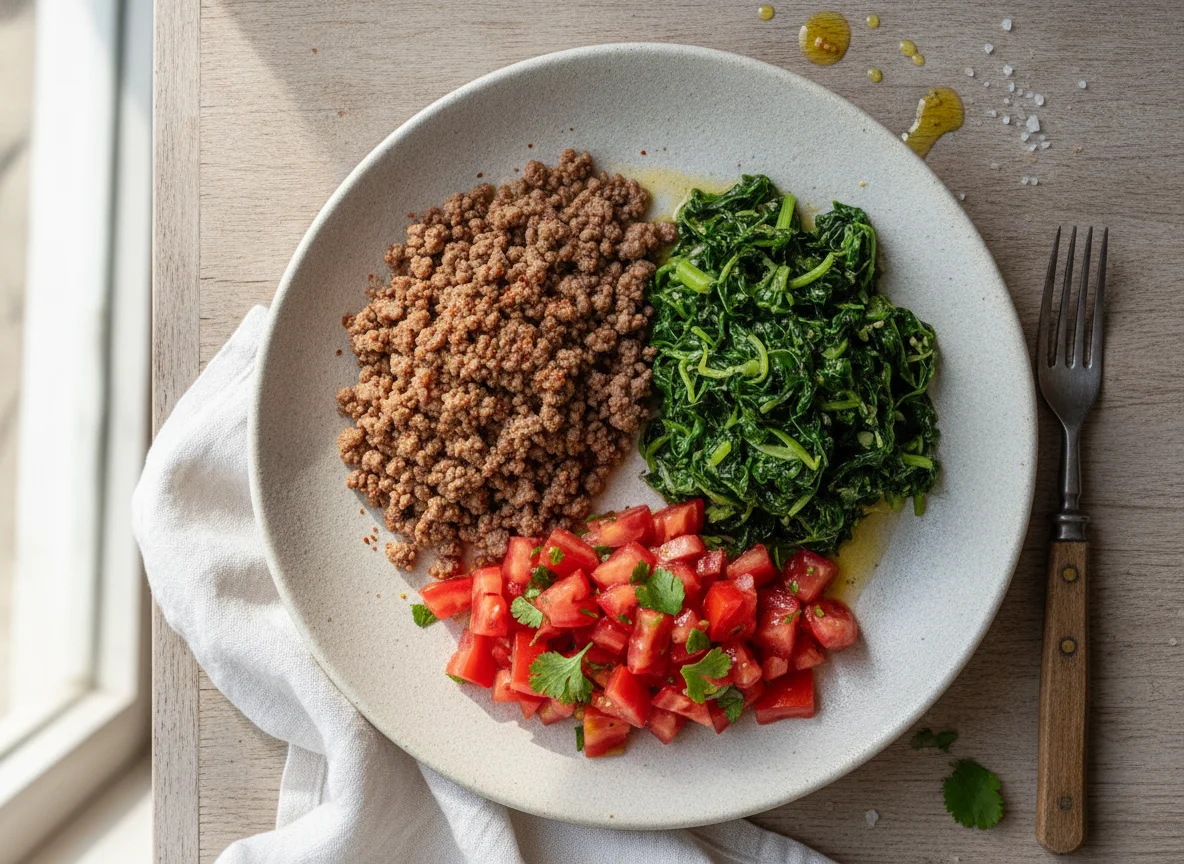 Prato com carne moída, couve e tomate photo