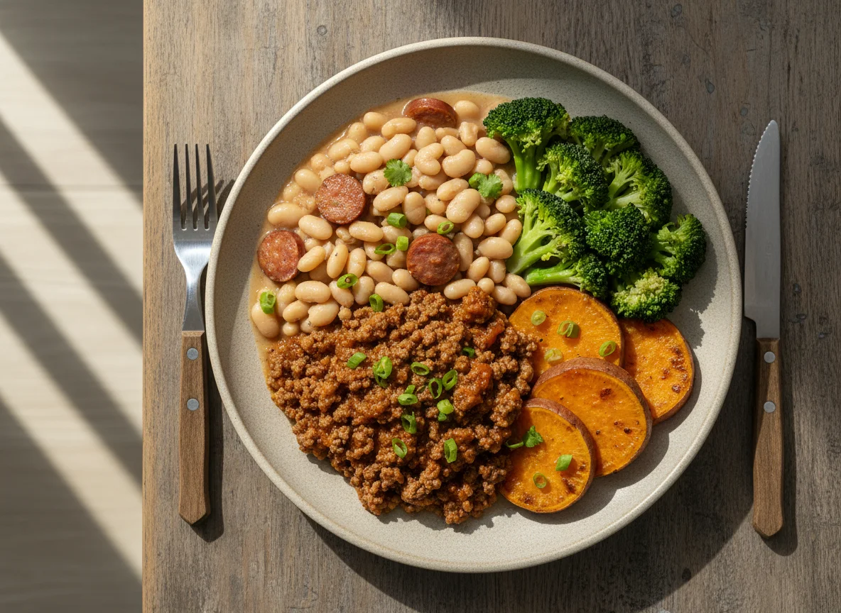 Prato com carne moída, feijão branco, batata doce e brócolis photo