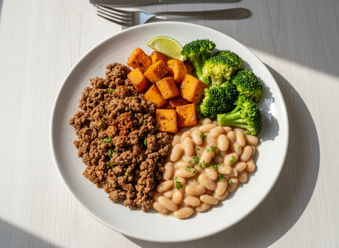 Prato com carne moída, feijão, brócolis e batata doce photo