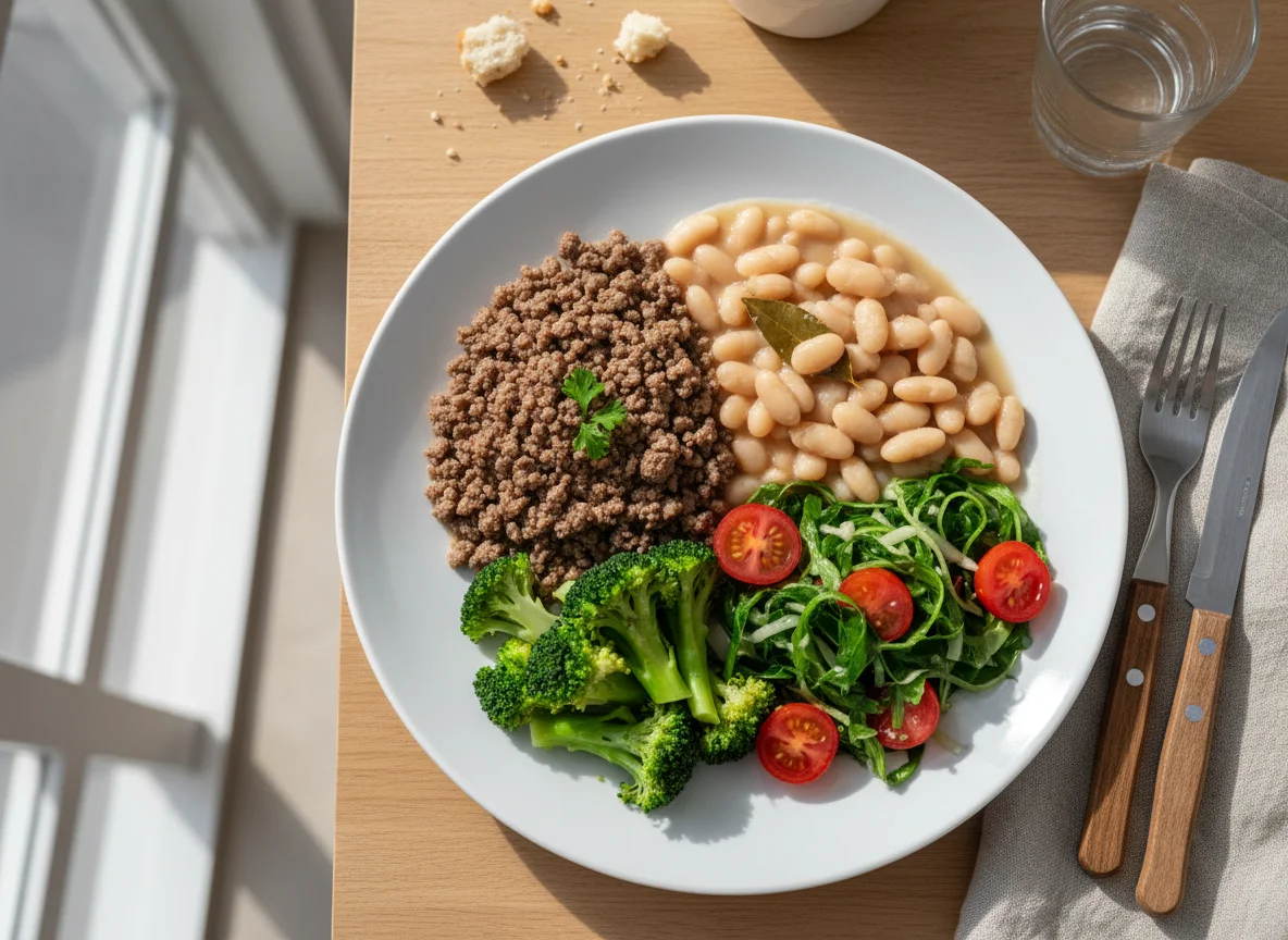 Prato com carne moída, feijão, brócolis e salada photo