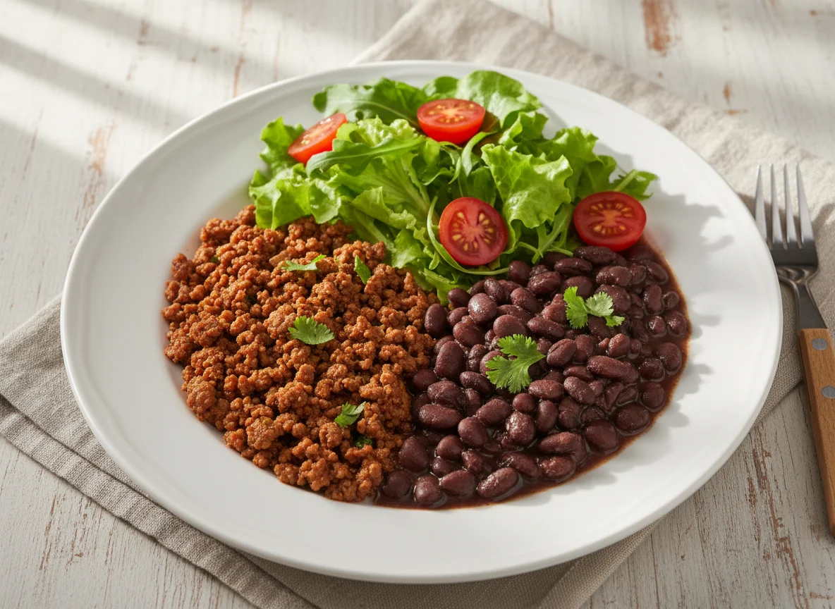 Prato com carne moída, feijão e salada photo