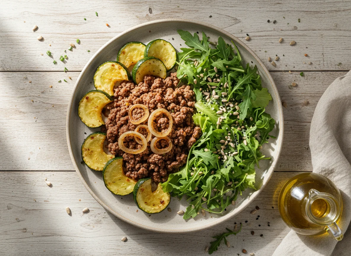 Prato com carne moída, legumes assados e salada photo