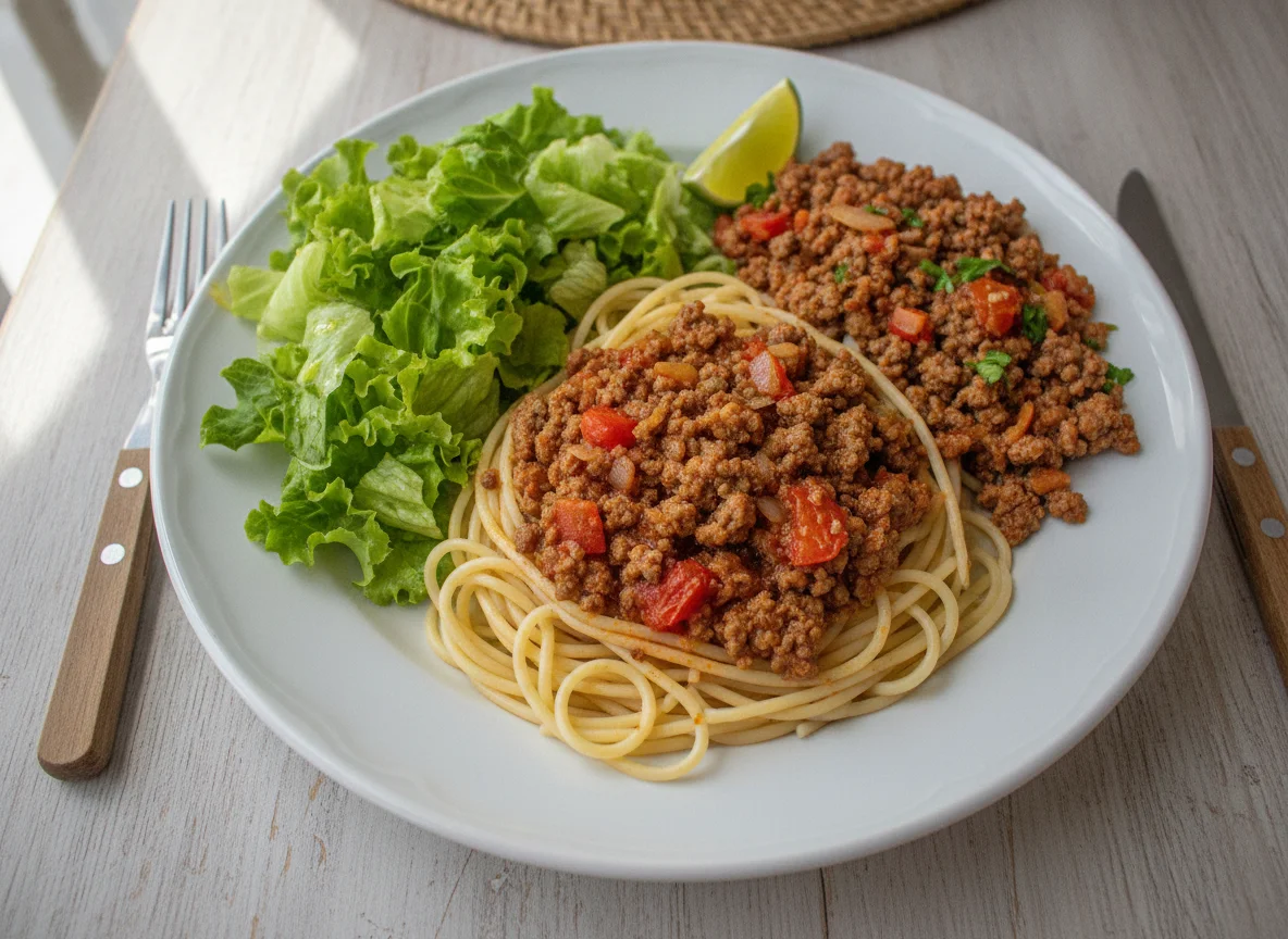 Prato com carne moída, macarrão e salada photo