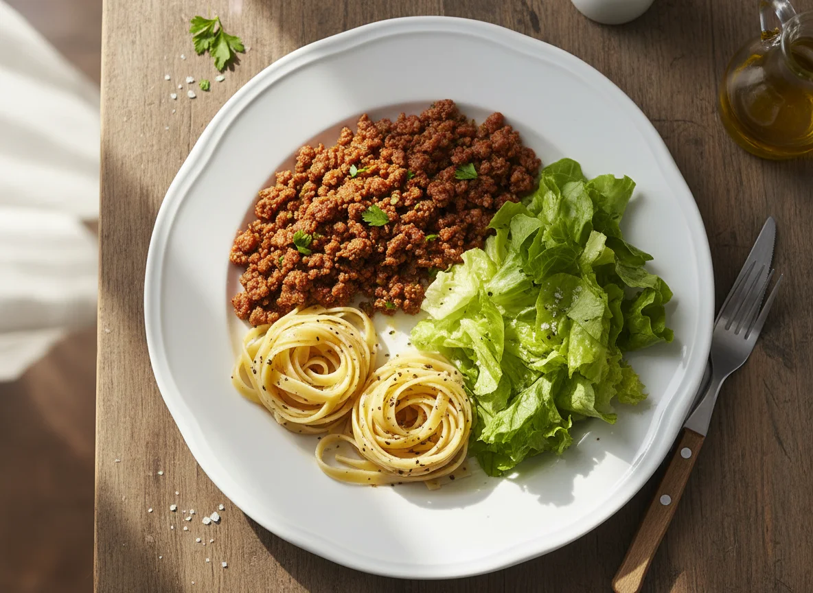 Prato com carne moída, massa e salada photo