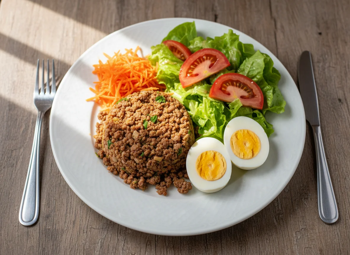 Prato com carne moída, ovo e salada photo