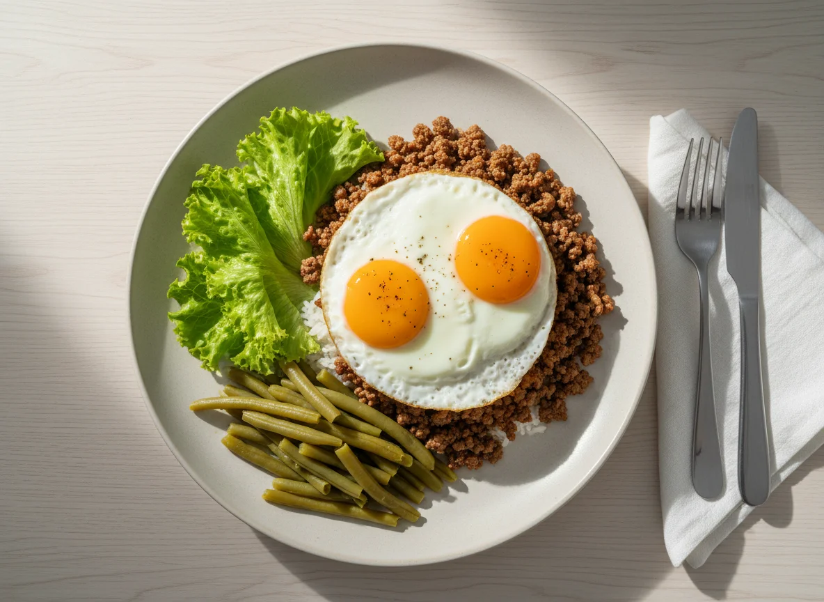 Prato com carne moída, ovos, alface e vagem photo