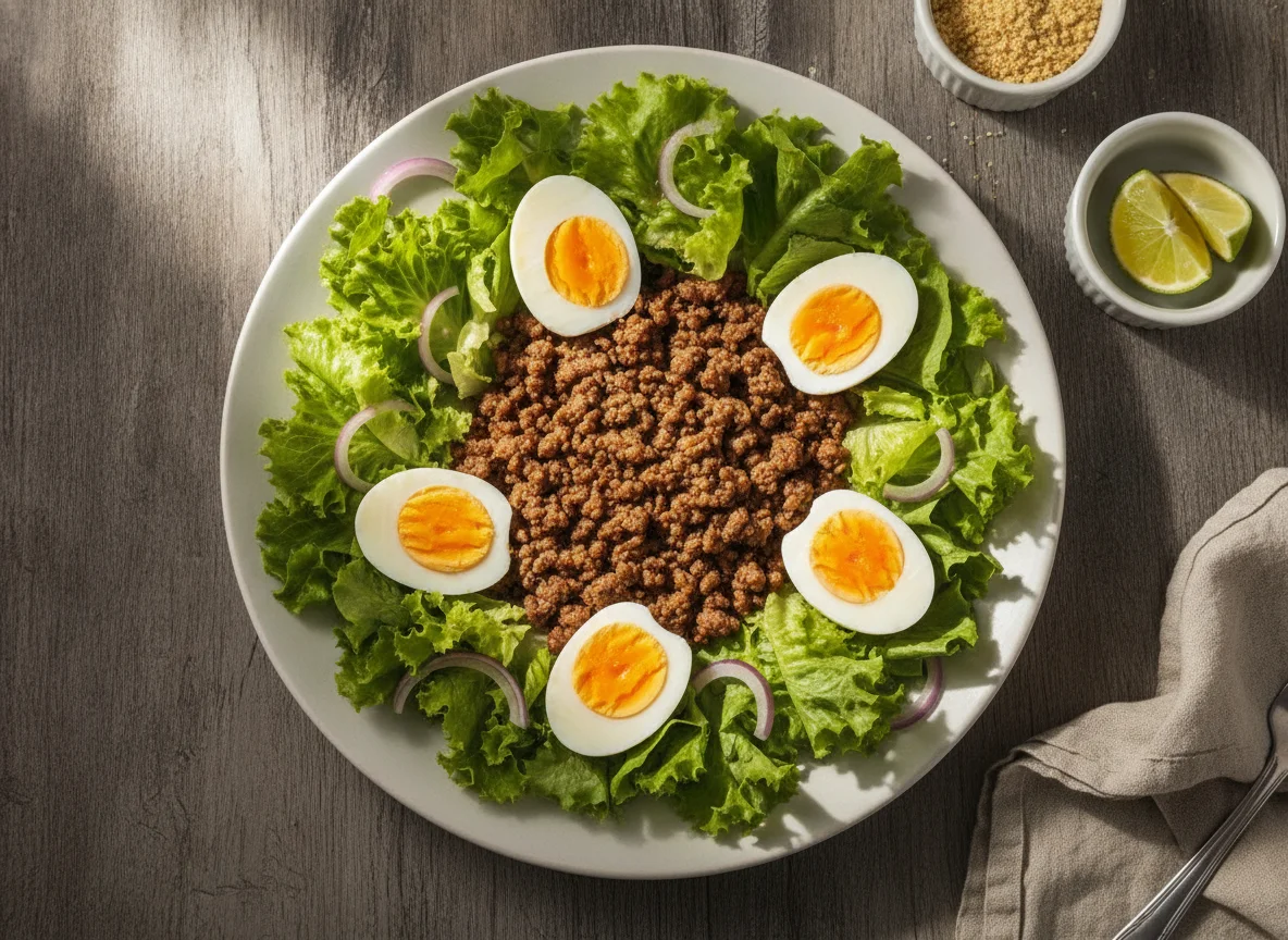 Prato com carne moída, ovos e alface photo