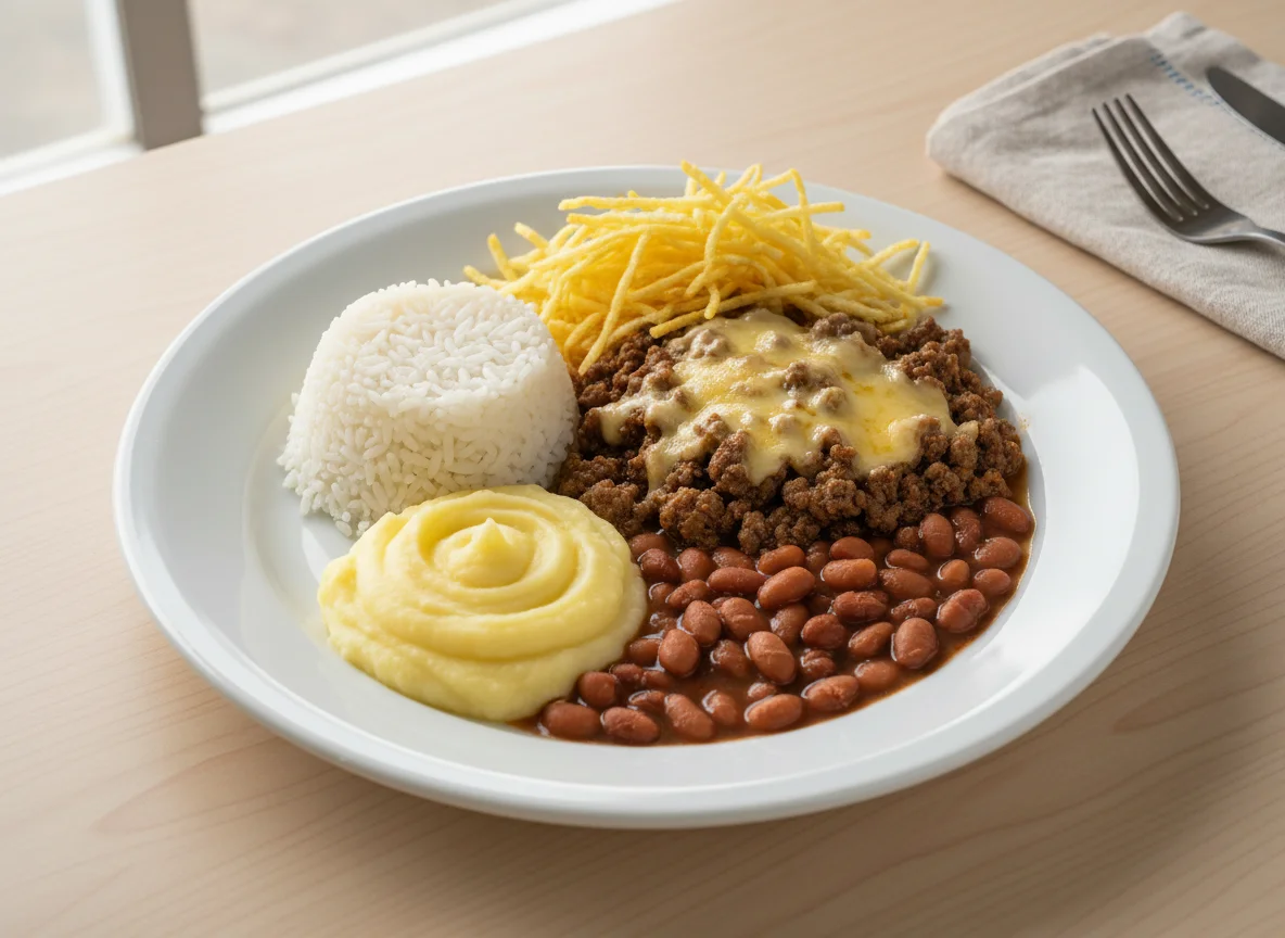 Prato com carne moída, purê, batata palha e feijão photo