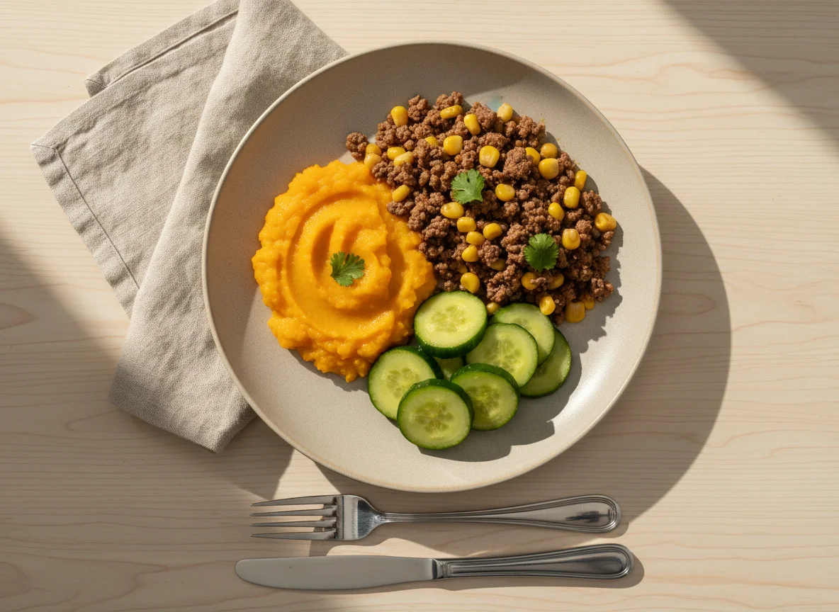 Prato com carne moída, purê de abóbora e pepino refogado photo